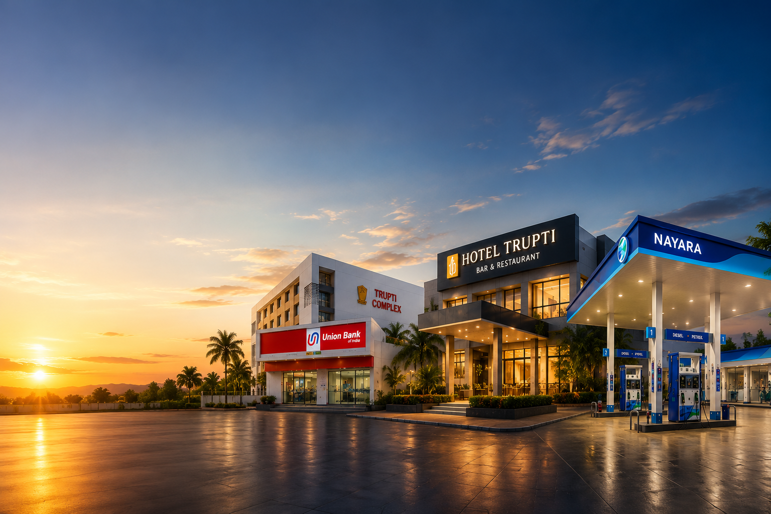 Trupti Enterprise — Trupti Complex, Hotel Trupti and Pruthviraj Petroleum at sunset